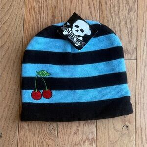 Sourpuss Black and Blue Striped Beanie with Cherry Embroidery